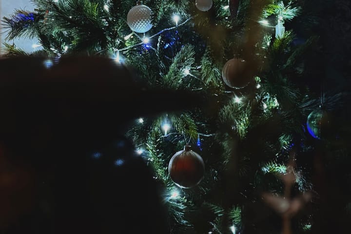 A picture of part of a Christmas tree, decorated with baubles and lights.